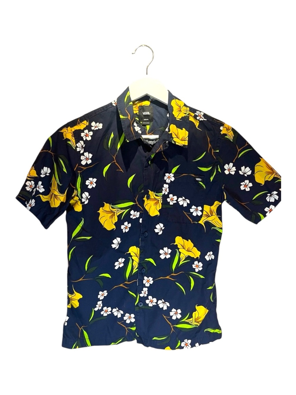 Vans boy’s Floral Hawaiian Shirt Music Notes Size Medium Navy Blue